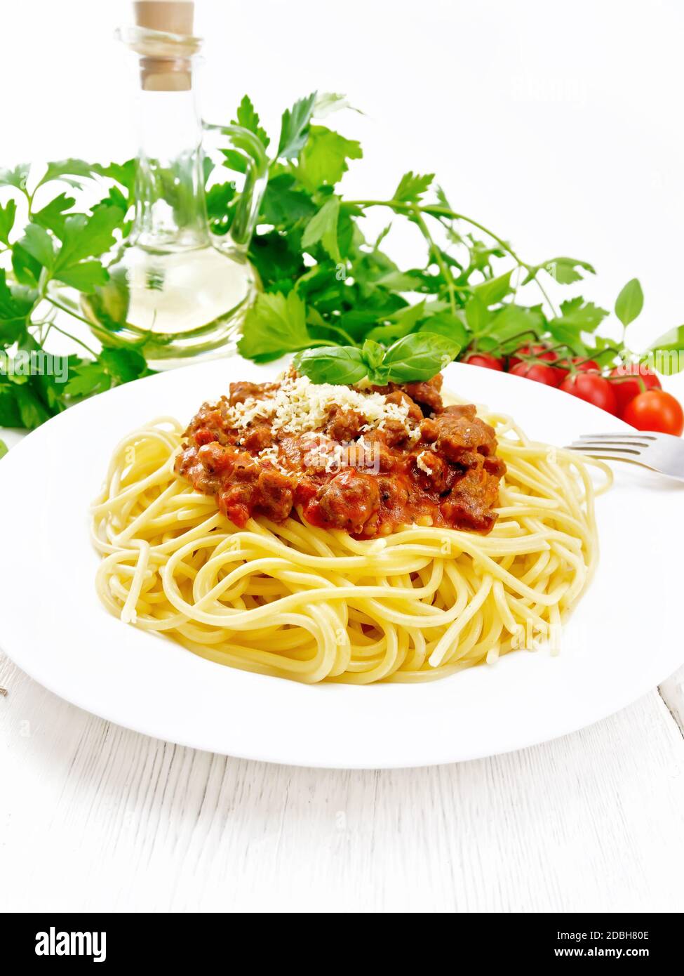 Spaghetti pasta with Bolognese sauce of minced meat, tomato juice