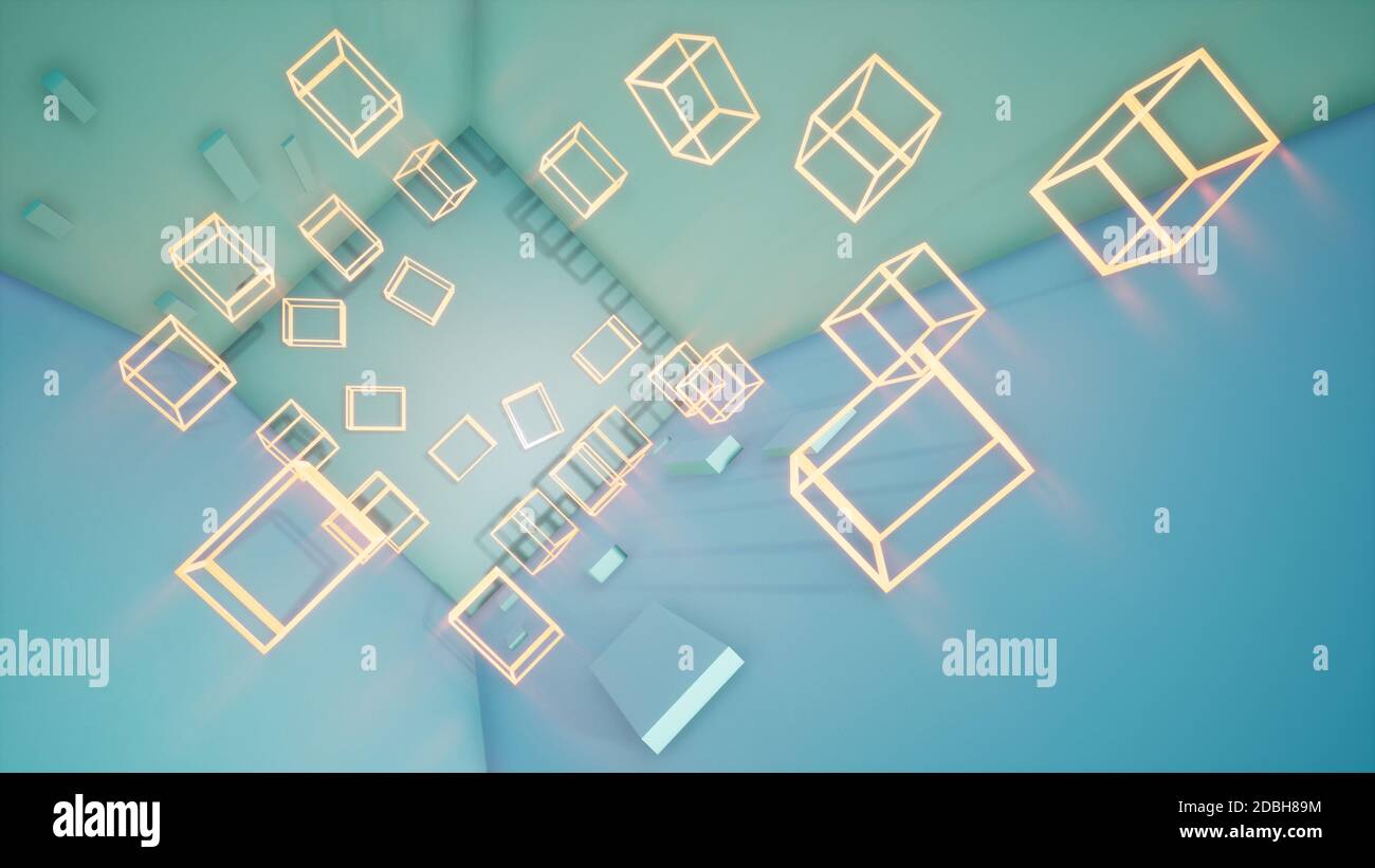 abstract blue geometric background with neon cubes, 3d render Stock ...