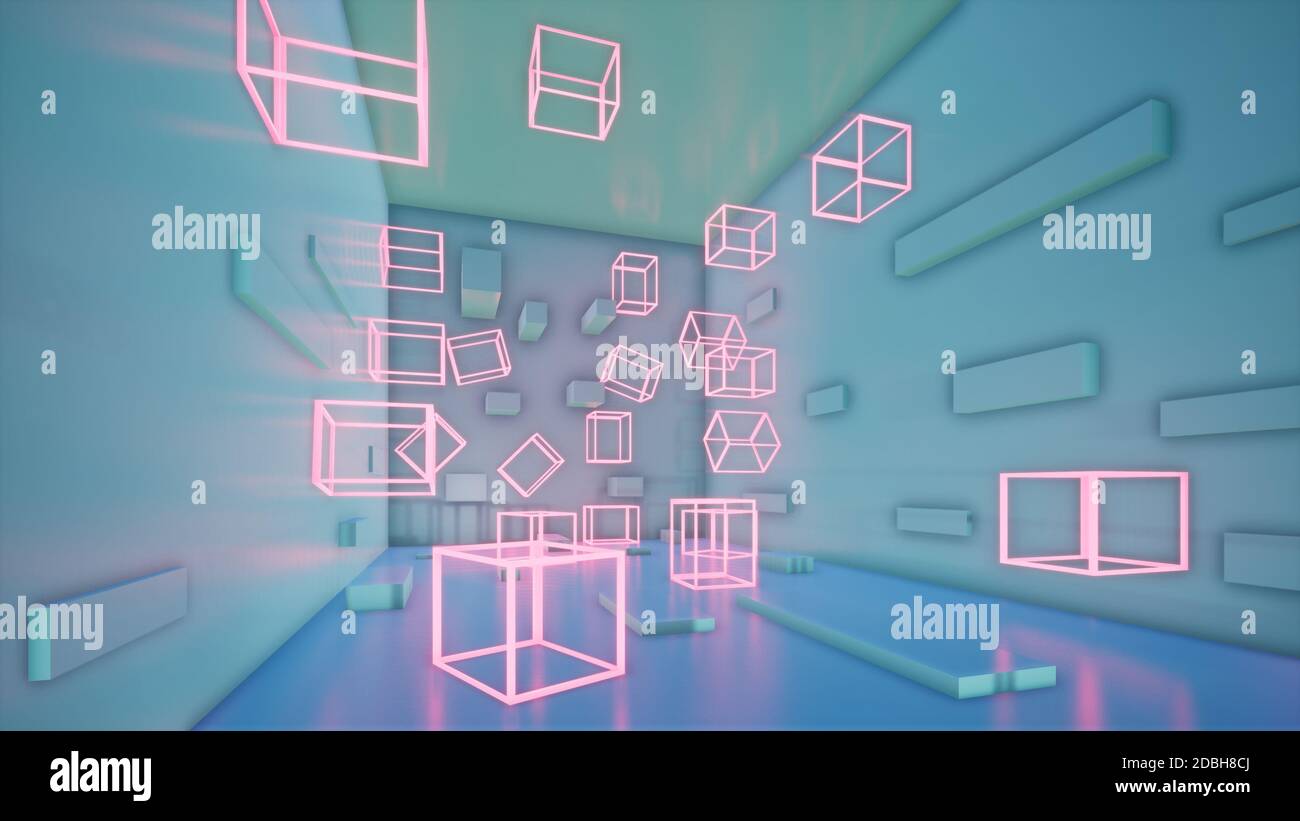 abstract blue geometric background with pink neon cubes, 3d render ...