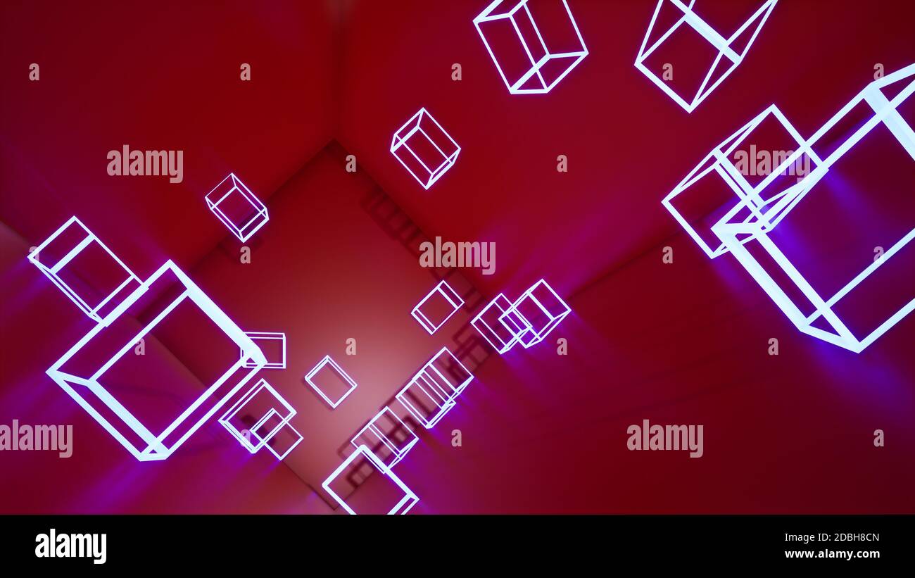 3d render, abstract red background with pink neon cubes Stock Photo - Alamy