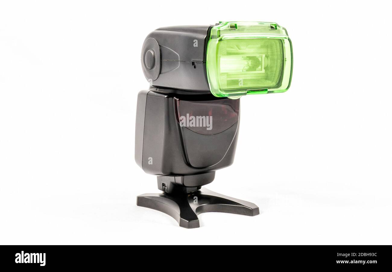 Oblique view of a black unbranded external flash unit for DSLR camera