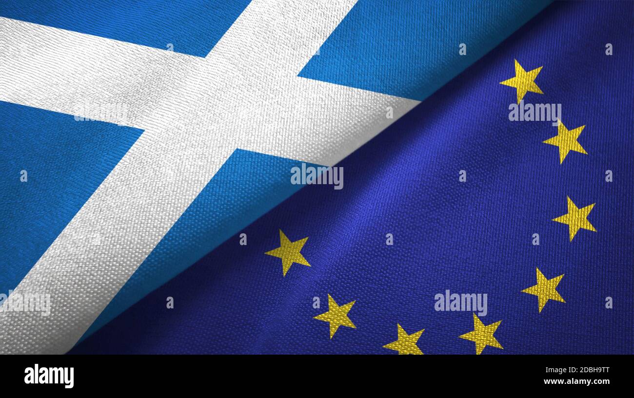Scotland and European Union two flags textile cloth, fabric texture Stock Photo