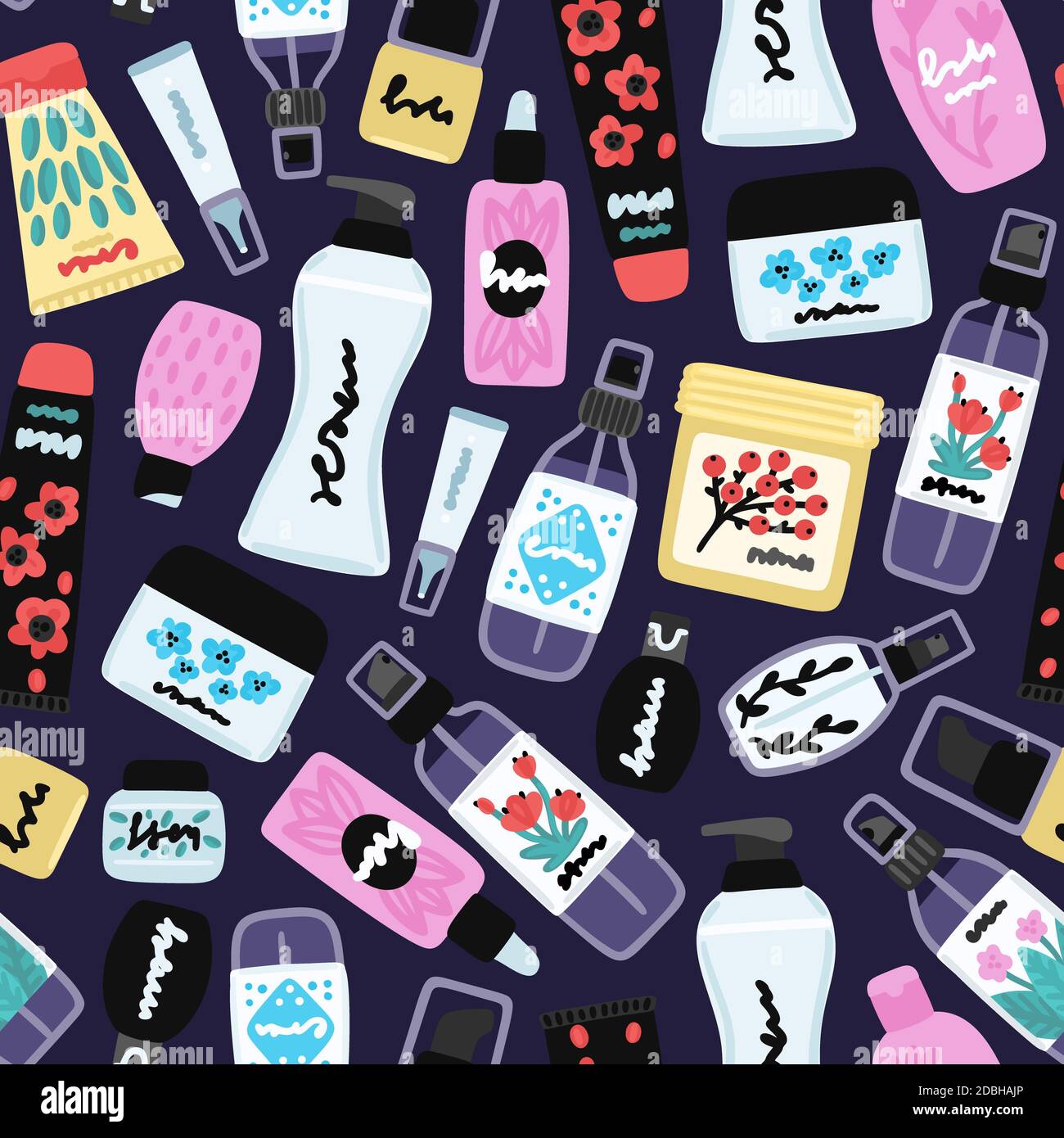 Vector seamless pattern with cosmetic products. Background with natural ...