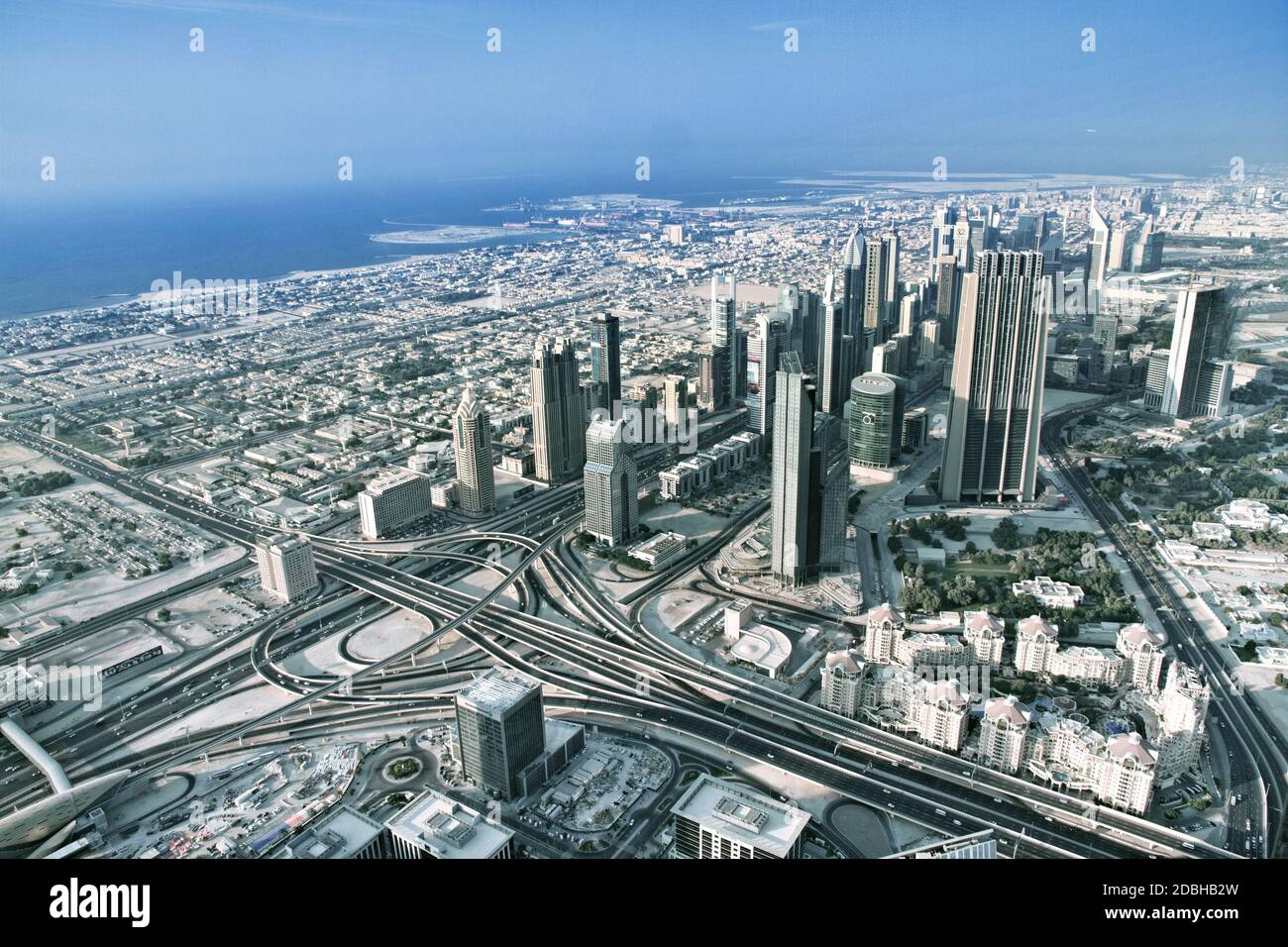 Aerial view. Dubai skyline with beautiful city close to it's busiest ...