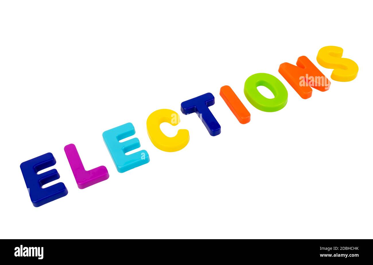 Text ELECTIONS written in plastic letters on a white background. Concept for the electoral campaign. Stock Photo