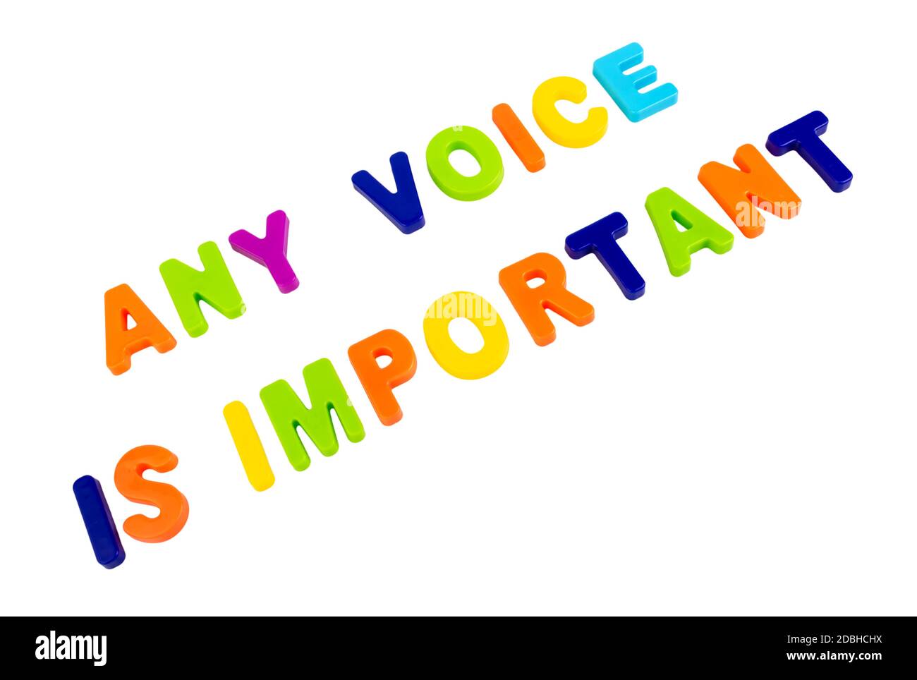 Text ANY VOICE IS IMPORTANT written in plastic letters on a white ...