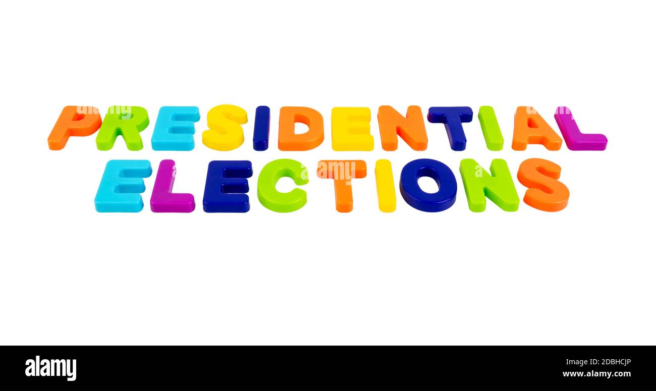 Text PRESIDENTIAL ELECTIONS written in plastic letters on a white background. Concept for the electoral campaign. Stock Photo