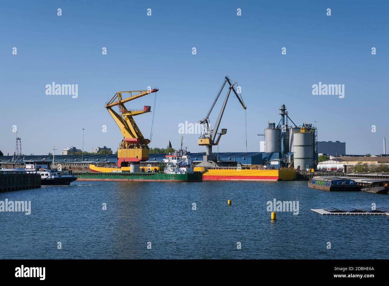 Huge cranes and ships anchored at harbor. International commercial port, city of Rotterdam background. Logistics business Stock Photo