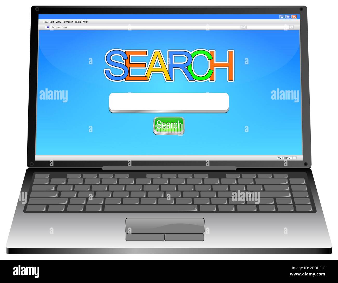 Laptop with internet web search engine on blue desktop - 3D illustration Stock Photo