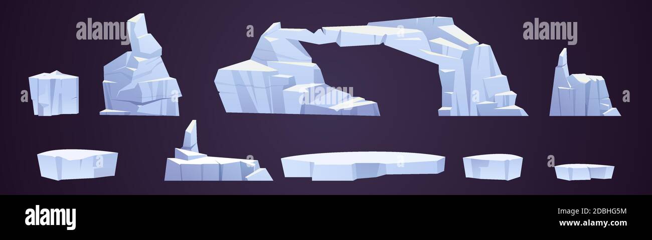 Cartoon ice floes, frozen iceberg pieces, glaciers of different shapes. Arctic or north pole snow crystal blocks isolated on dark background, design elements, nature objects, vector illustration, set Stock Vector