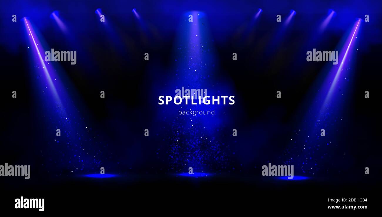 Spotlights background, blue stage light beams with smoke and sparkles on black backdrop. Glowing studio or theater empty scene with shining lamp rays for concert, show presentation Realistic 3d vector Stock Vector