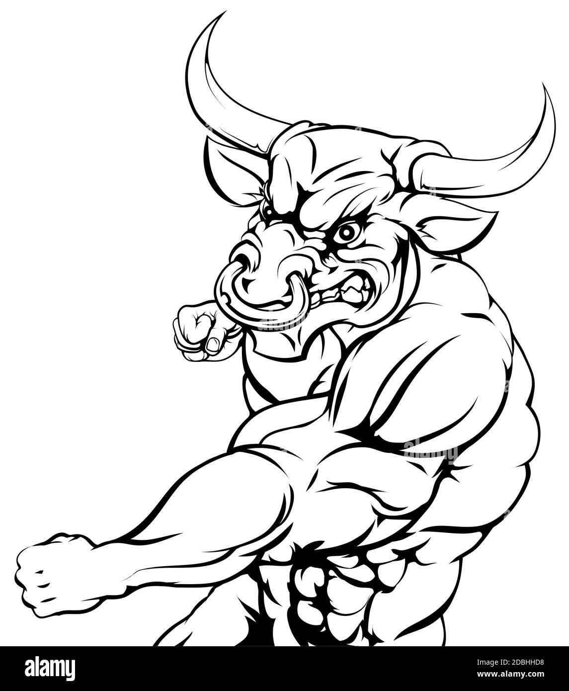 An illustration of a mean looking bull animal sports mascot punching Stock Photo