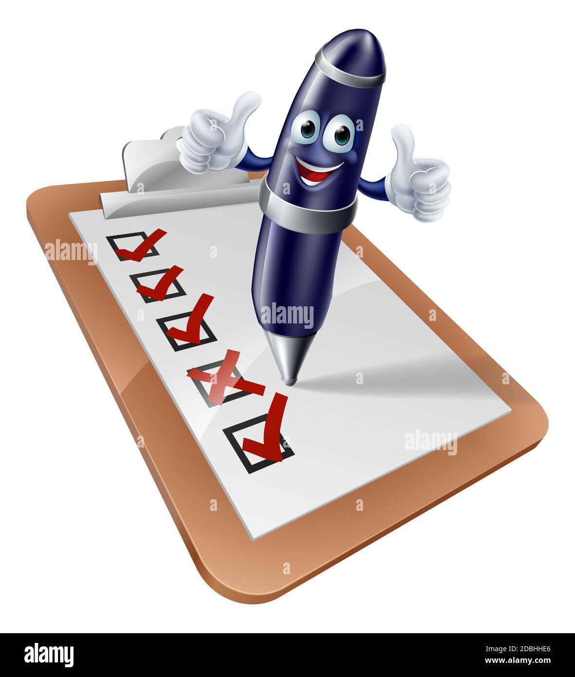 An illustration of a pen mascot writing on a clipboard or completing a survey Stock Photo