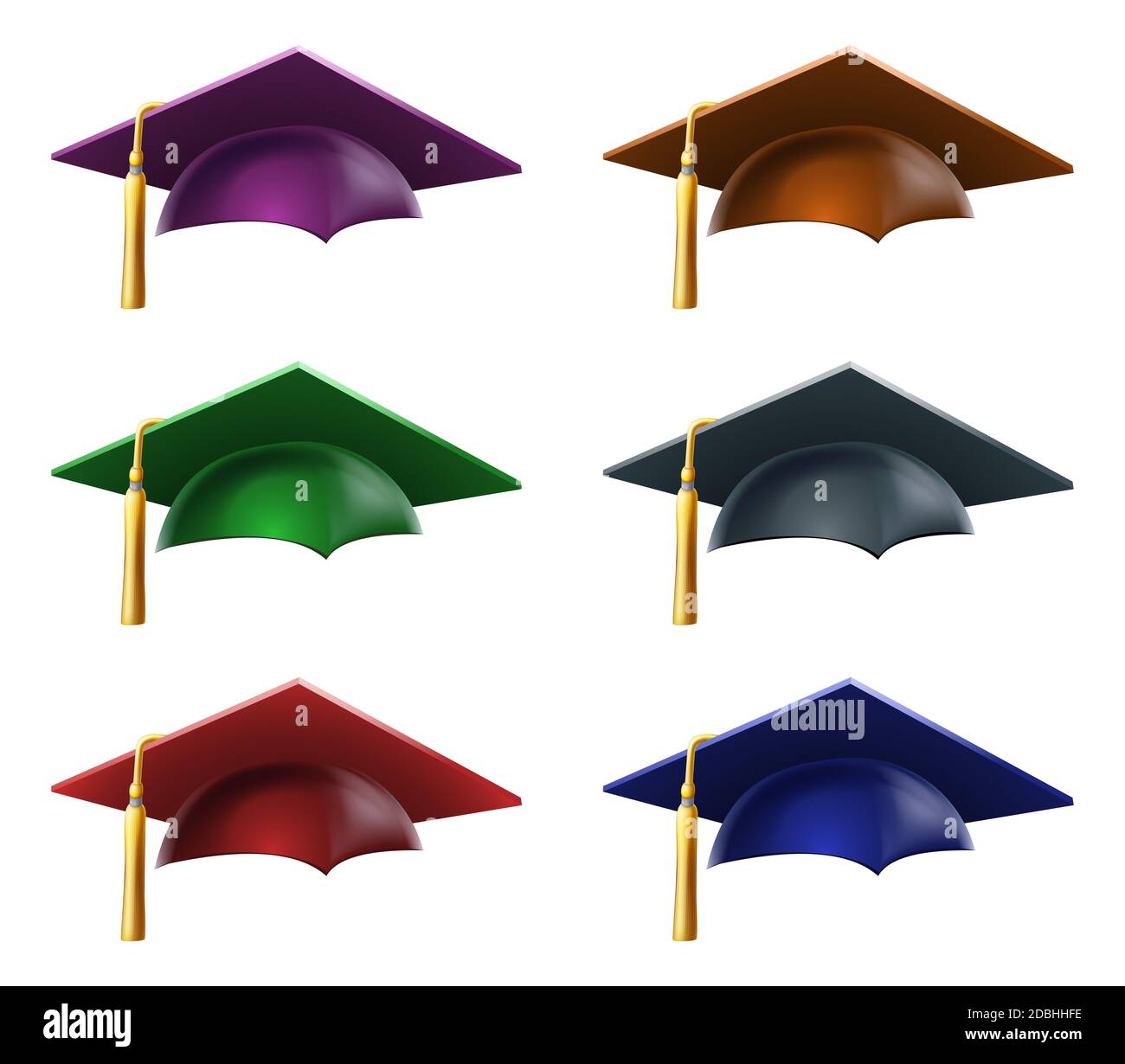 A set of a Graduation or convocation mortarboard hats or caps in different colors Stock Photo