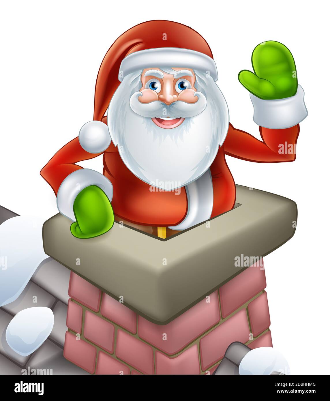 An illustration of Santa on a snowy rooftop poping out of a chimney and waving at Christmas. Stock Photo