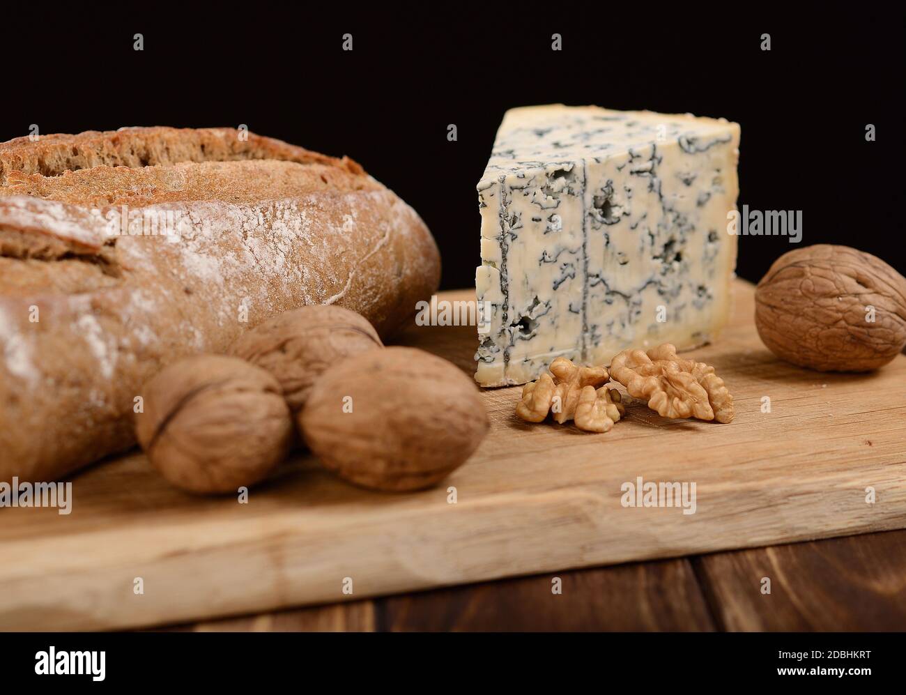 blue cheese with bread and walnut Stock Photo Alamy
