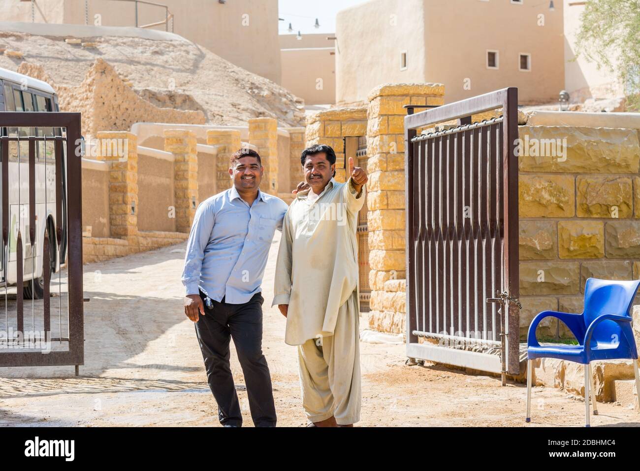 Pakistani security guard wearing traditional clothes and  standing in the Diraiyah, in Riyadh, Saudi Arabia, was the original home of the Saudi royal Stock Photo