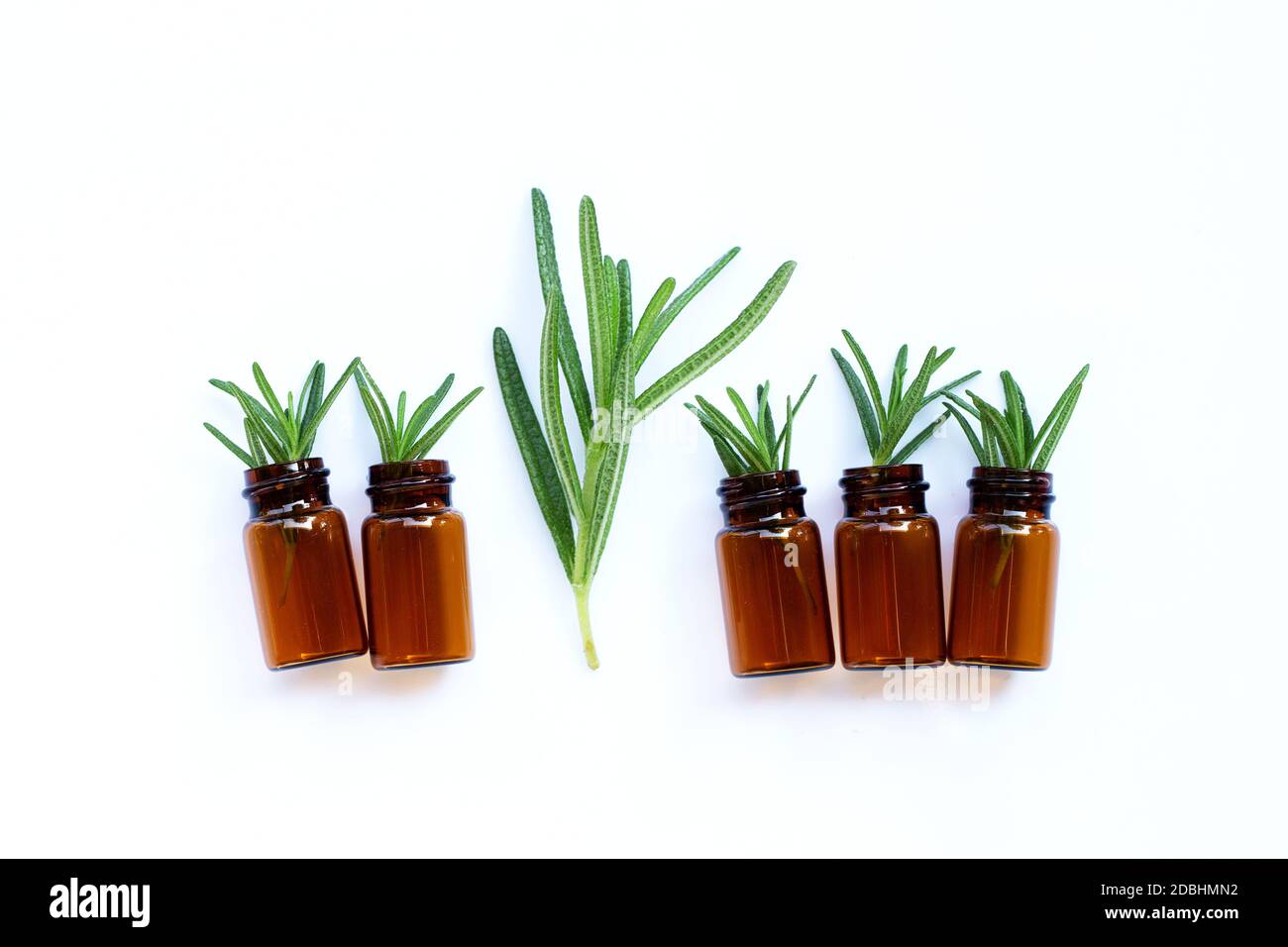 Rosemary leaves with essential oil bottles on white background Stock ...