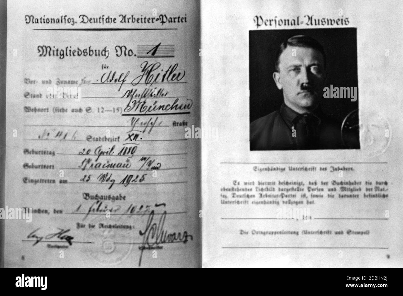 After the re-establishment of the NSDAP in 1925, Adolf Hitler received the membership book No. 1 after his imprisonment in Landsberg. Hitler received the membership number 1 only after his imprisonment, while he originally had the number 555. Stock Photo