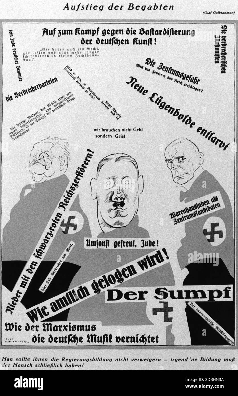 With his caricature, Olaf Gulbransson anticipates the takeover of power by the NSDAP. It shows Ludendorff, Hitler and Wilhelm Frick. Stock Photo