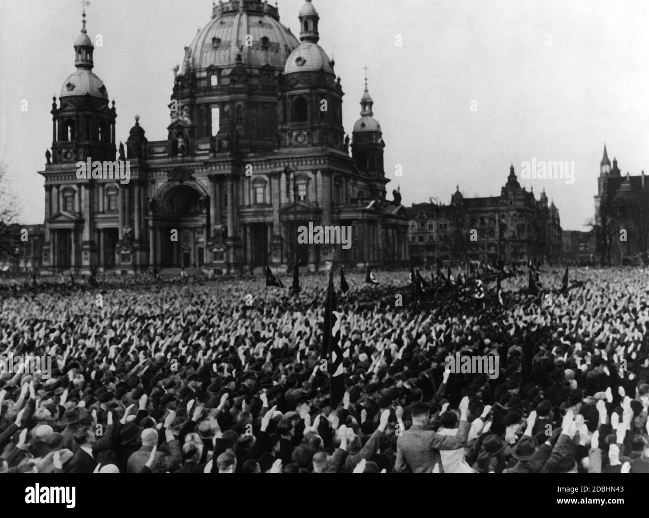 Adolf Hitler speaks in front of the Berlin Cathedral during a mass rally in Berlin. Stock Photo