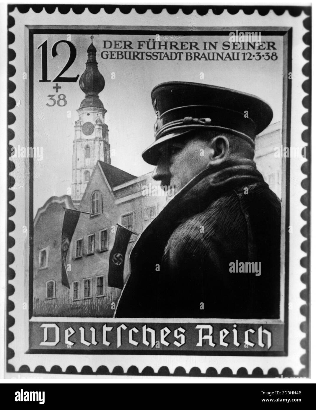 Adolf Hitler depictions in art and painting. Here shown as a stamp motif with a scene from Braunau. Value 12 + surcharge 38 Pfennig. Stock Photo