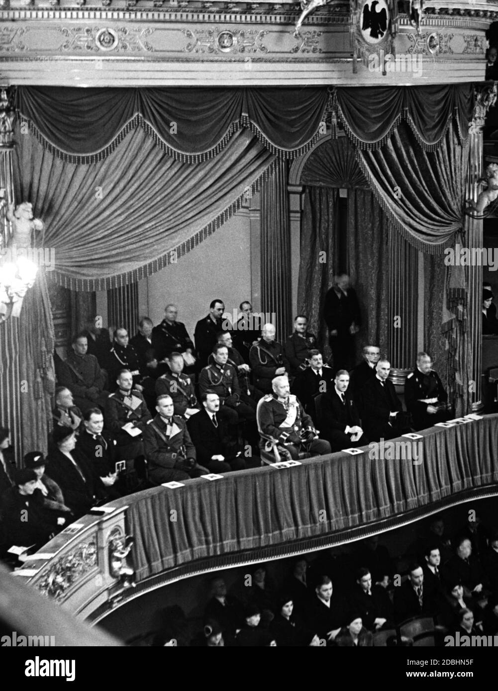 From the left, Hermann Goering, Werner von Blomberg, Adolf Hitler, Paul von Hindenburg, Franz von Papen and Wilhelm Frick, at the Staatsoper unter den Linden. Stock Photo