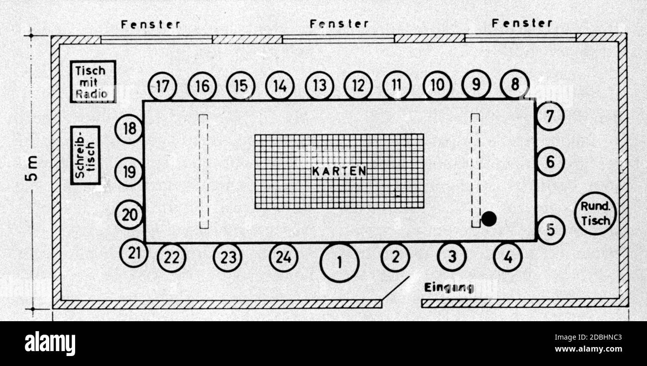 Here is shown the seating arrangement in the conference room of a bunker at the Wolfsschanze in present-day Poland, on the day when Claus Schenk von Stauffenberg placed a bomb under the table with the intention of eliminating the leadership of the Third Reich and overthrowing the political order of National Socialism. Stock Photo