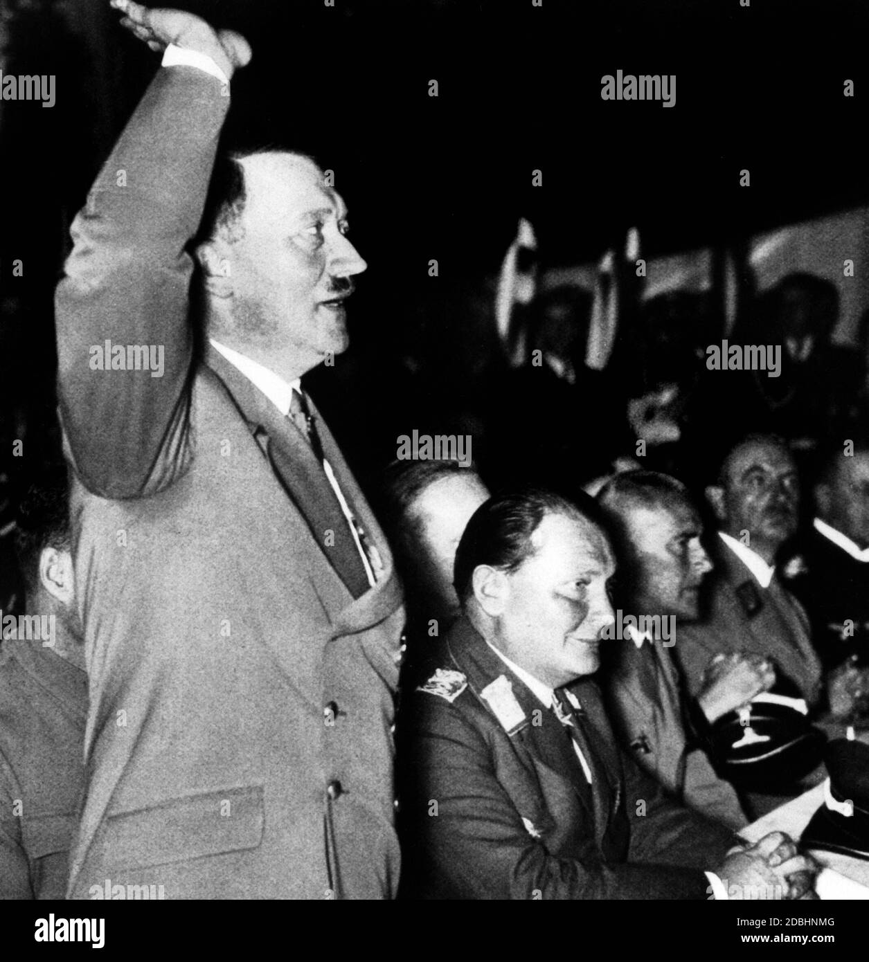 Hitler's speech in the Sports Palace on September 26, 1938, can be viewed as a preparation for the annexation of the Czech Republic. Three days later it was decided in the Munich Agreement that Germany was allowed to annex the Sudetenland. To the right of Hitler, Hermann Goering and Wilhelm Frick. Stock Photo