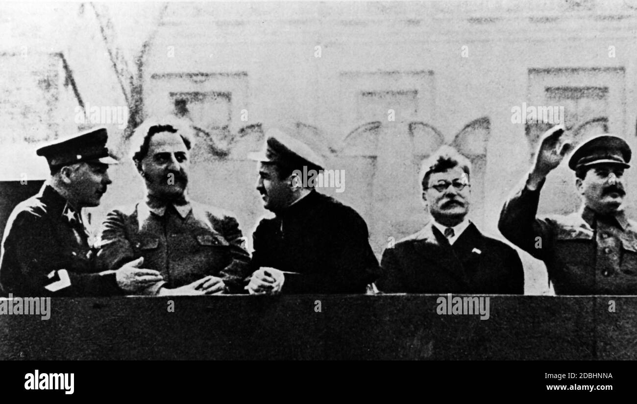 From left: Voroshilov, Kaganovich, Mikoyan, Kalinin, Stalin. Stock Photo