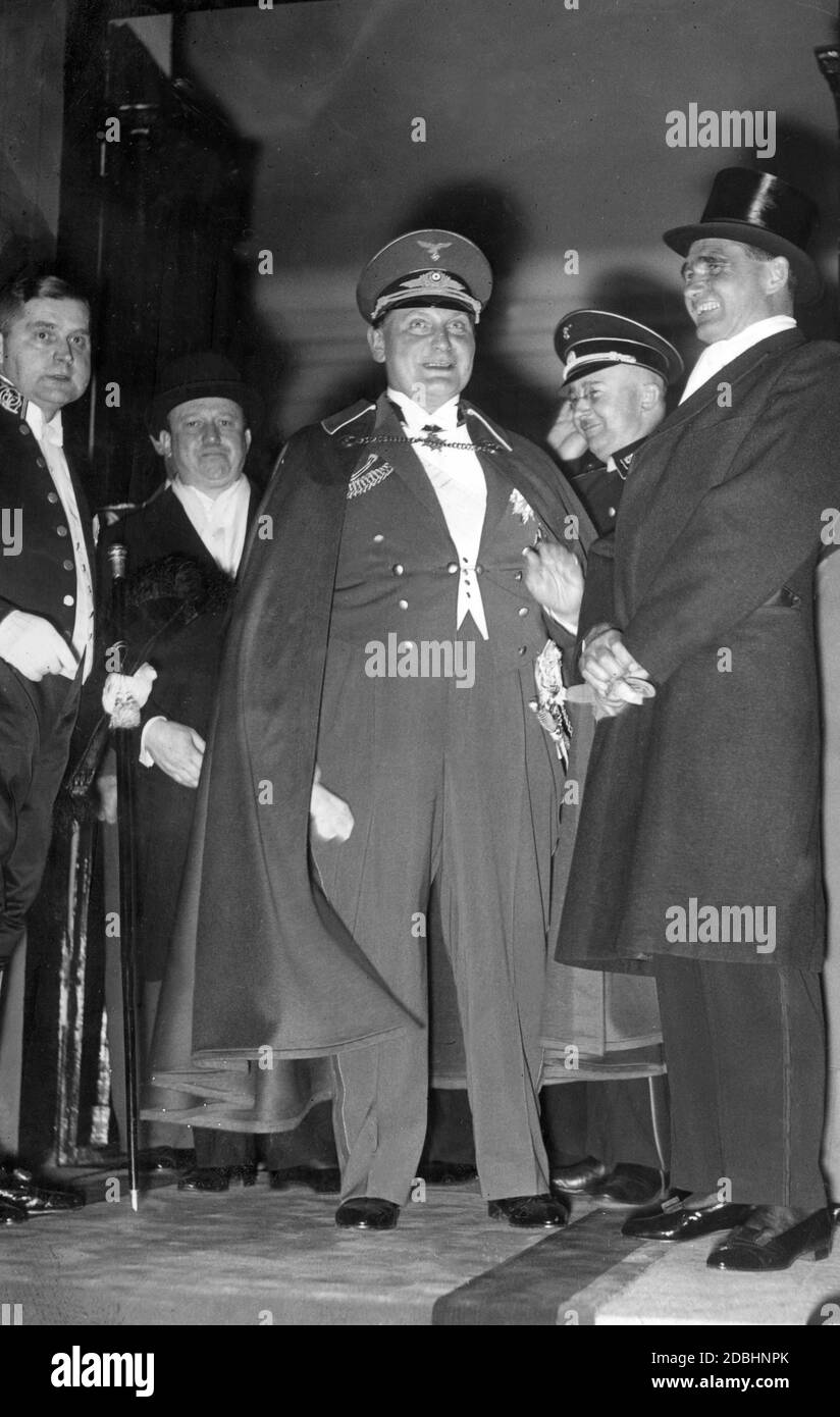 The picture shows Hermann Goering (in the foreground) with Heinrich Himmler (between Goering and Hess) and Rudolf Hess (on the right with a cylinder hat) on 26.03.1935. Stock Photo