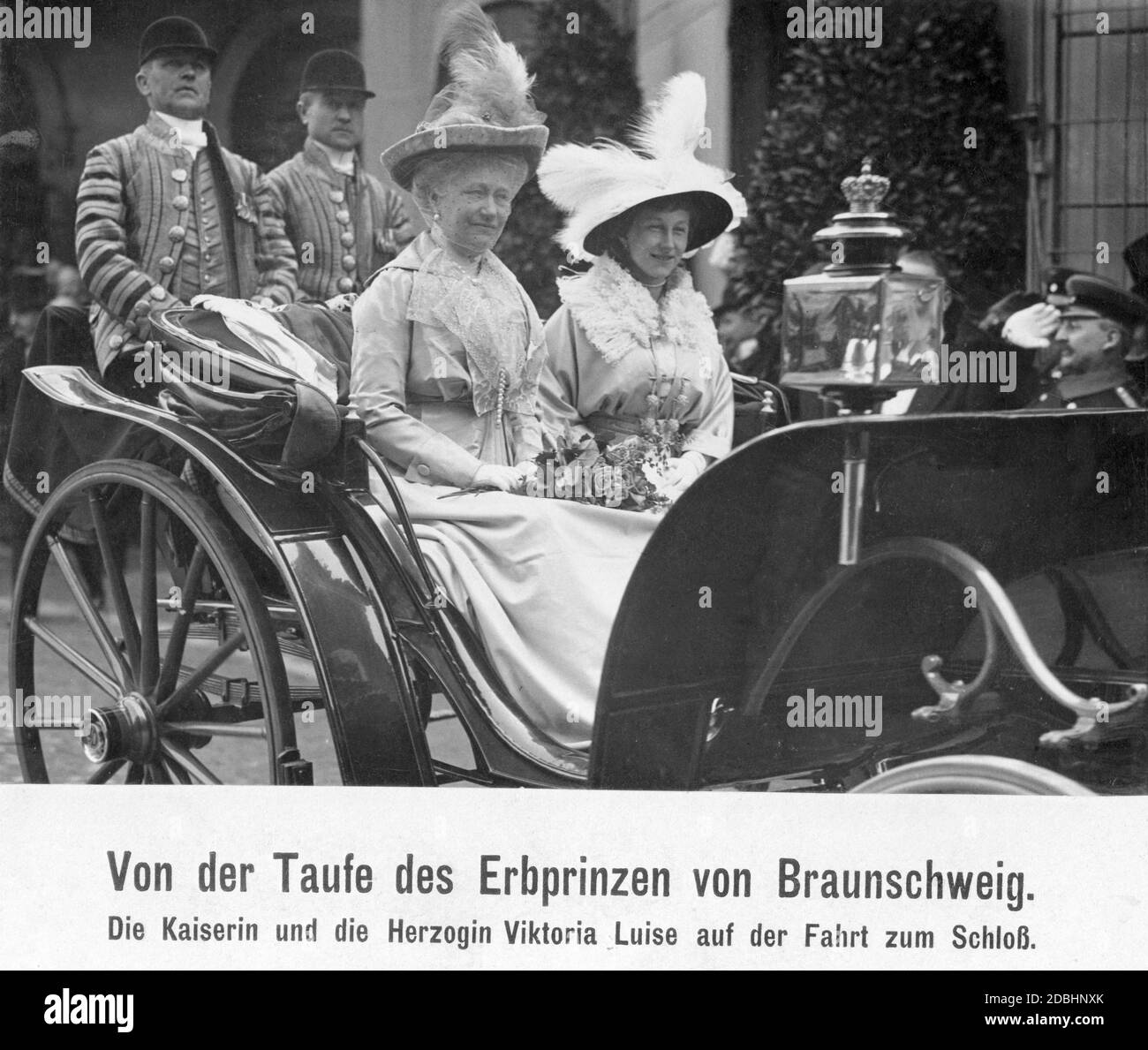 Hereditary Prince Ernst August of Hanover was baptized on May 9, 1914. The photo shows Empress Augusta Victoria (left) together with her daughter Victoria Louise Duchess of Brunswick-Lueneburg (born of Prussia, mother of Ernst August) on a carriage ride to the castle in Brunswick. Stock Photo