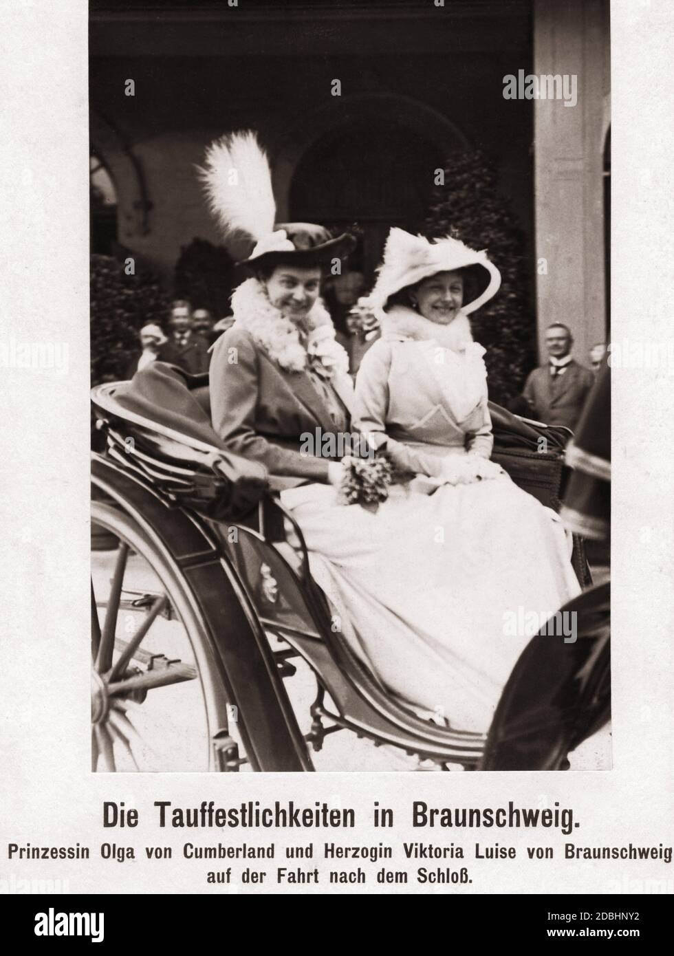 Hereditary Prince Ernst August of Hannover was baptized on May 9, 1914. The photo shows Olga of Hanover and Cumberland (left) together with Victoria Louise Duchess of Brunswick-Lueneburg (born of Prussia, mother of Ernst August, right) on a carriage ride to the castle in Brunswick. Stock Photo