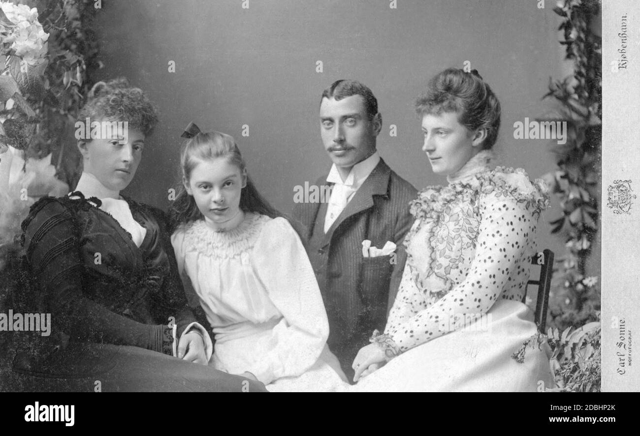 From left to right: Grand Duchess Anastasia of Mecklenburg (nee Romanov), her daughter Cecilie of Mecklenburg, Prince Christian of Denmark (later King Christian X) and his wife Alexandrine of Denmark (nee of Mecklenburg). Photograph by the court photographer Carl Sonne from Copenhagen. Stock Photo