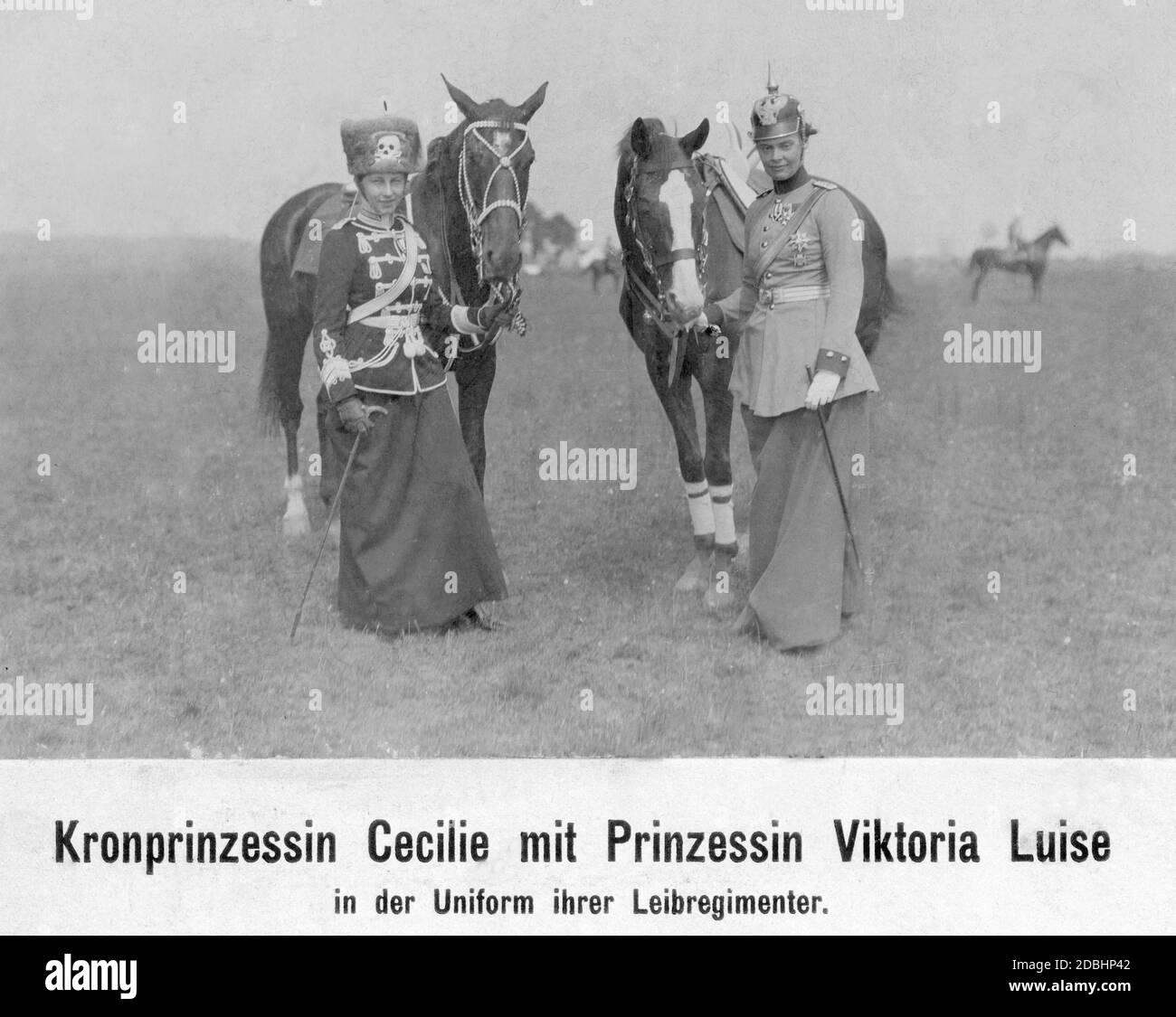 'Princess Viktoria Louise of Prussia (left) and Crown Princess Cecilie of Mecklenburg (right) wear the uniforms of their Lifeguards Regiments. Both women were heads of regiments, Viktoria Louise was head of the 2. Leib-Husaren-Regiment ''Koenigin Viktoria von Preussen'' Nr. 2 and Cecilie was head of the Dragoner-Regiment Koenig Friedrich III. (2. Schlesisches) Nr. 8. Photo from the year 1912.' Stock Photo