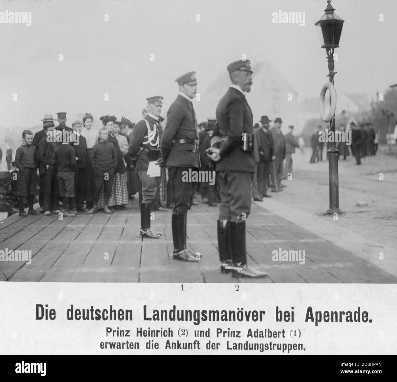 Admiral Prince Henry of Prussia (right) and Prince Adalbert of Prussia (centre) await the arrival of the landing troops at Apenrade (now Aabenraa in Denmark) during the landing manoeuvre of the Imperial Navy in 1907. Stock Photo
