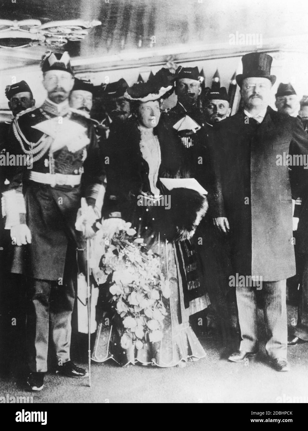 Prince Henry of Prussia (left) was received by President Theodore Roosevelt (right) and his wife Edith Kermit Carow Roosevelt (centre) on his arrival in New York City in February 1902. He travelled to the USA to attend the naming ceremony of the yacht Meteor III. Stock Photo