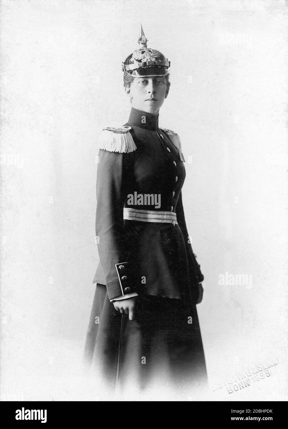 Princess Viktoria of Schaumburg-Lippe (born of Prussia, sister of Wilhelm II) in the uniform of the 5th Westphalian Infantry Regiment No. 53. She served as regiment commander as of 1898. Photograph taken by the court photographers L. Stueting & Sohn in Bonn in 1899. Stock Photo