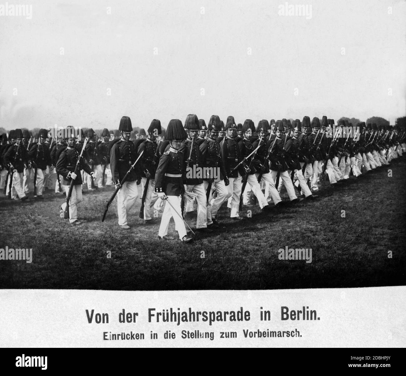 Spring parade on the Tempelhofer Feld in Berlin. Infantrymen of the Guard moving into position for the march past. Stock Photo