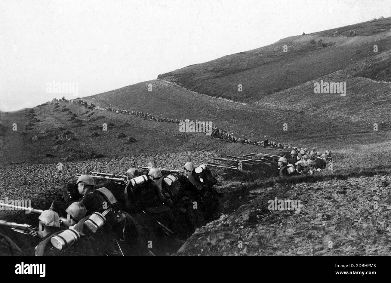 Four trenches in hilly terrain. Photo undated. Stock Photo
