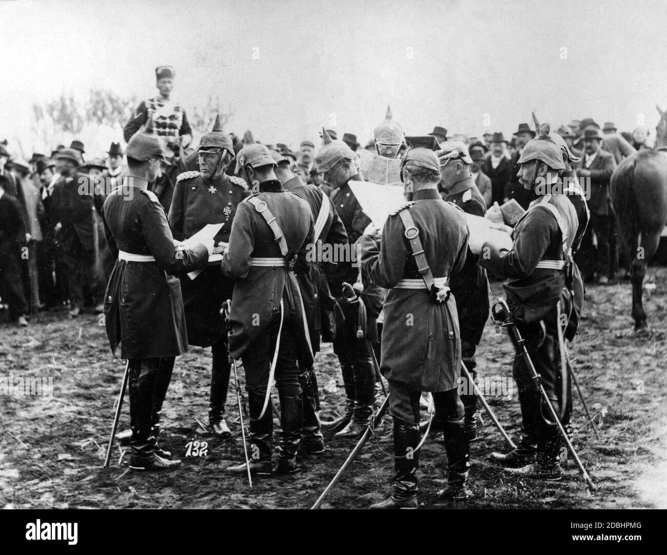 The imperial manoeuvres in autumn were the highlight of the military year. The photo shows General Gottlieb Graf von Haeseler (2nd from left), Commander of the 16th Army Corps in Metz, during the final manoeuvre critique on the Feldherrnhuegel with his officers. Stock Photo
