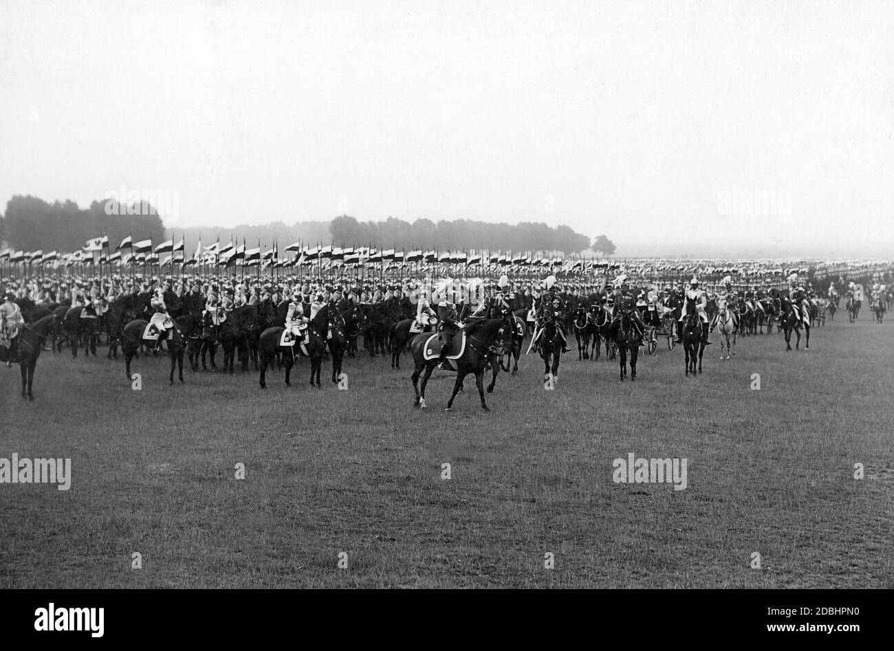 Autumn parade on the Tempelhofer Feld in Berlin in 1899. Emperor Wilhelm II (centre) during the final inspection of the parade formations. Stock Photo
