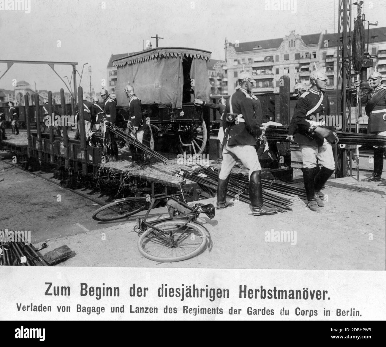 Loading of baggage and lances of the regiment of the Gardes du Corps in Berlin. Stock Photo