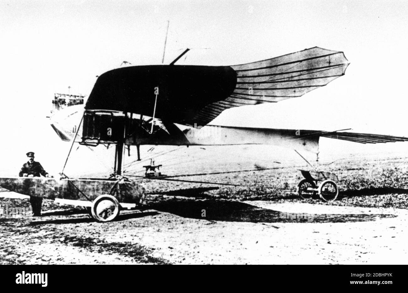 'The first aircraft of the German navy ''Fritsche-Rumpler Eindecker'', with which the naval chief engineer Carl Loew ventured the first overflight from Sonderburg on the island of Alsen to Kiel in 1911. ' Stock Photo