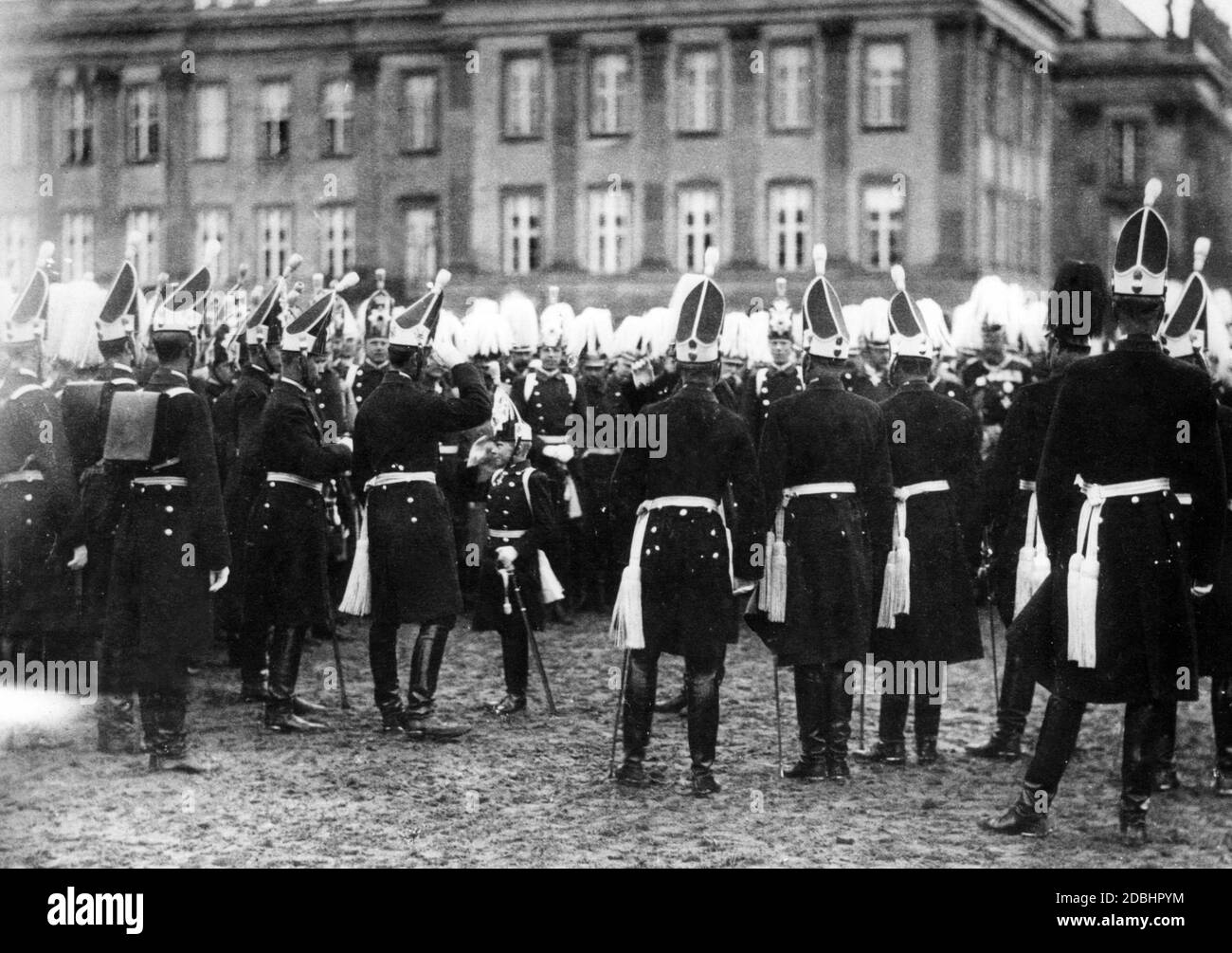 The ten-year-old eldest son of Emperor Wilhelm II joins the 1st Foot Guard Regiment in Potsdam as a lieutenant at the age of 10. He greets the officers of the regiment, who have put on their traditional uniform. Stock Photo