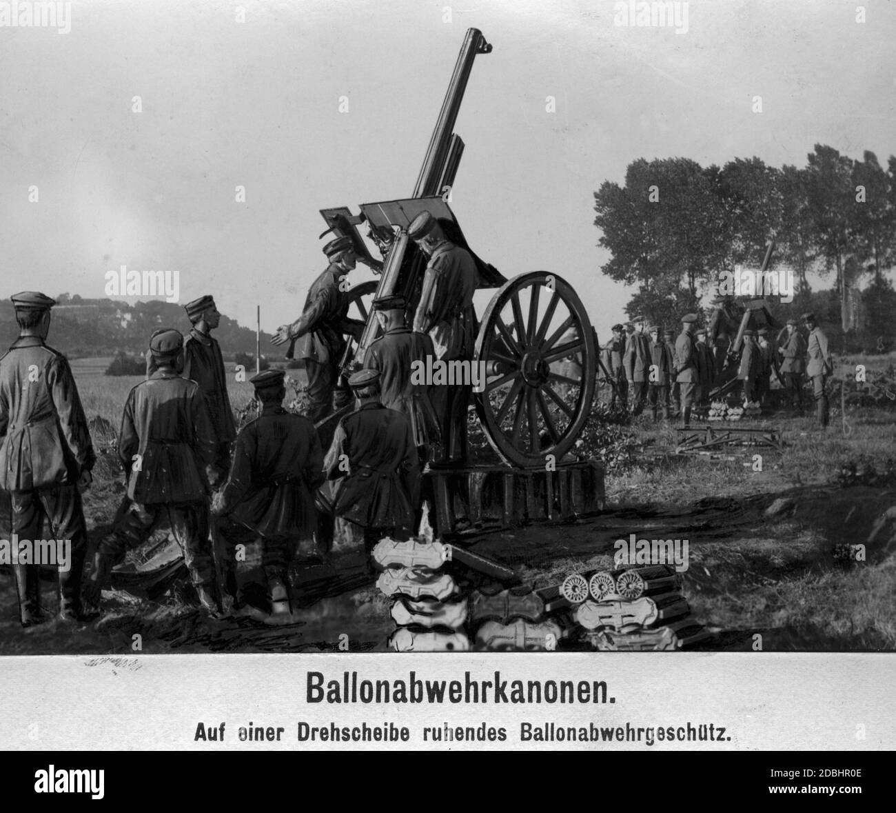 Soldiers of the German army at a turntable on which a balloon defense gun is mounted. Stock Photo