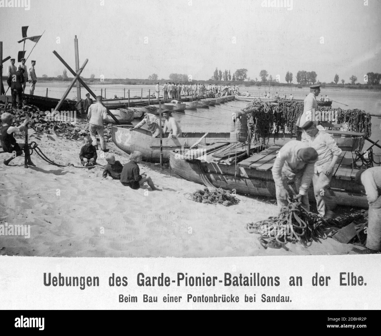 Pioneers building a pontoon bridge at Sandau. Stock Photo