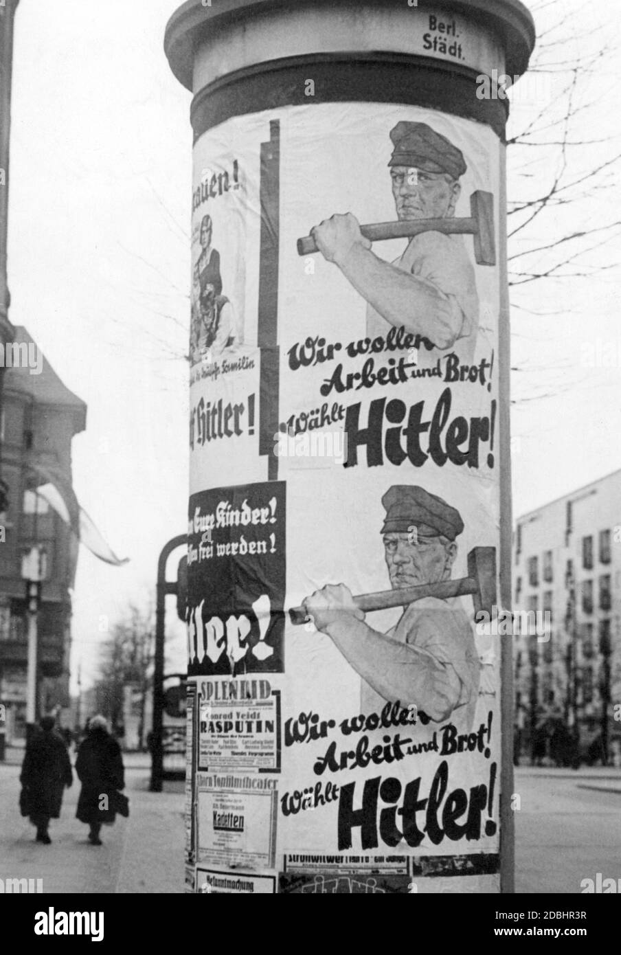 'Election poster of the National Socialists for the Reich presidential election. They advertise with the slogan ''We want work and bread! Vote for Hitler!''.' Stock Photo