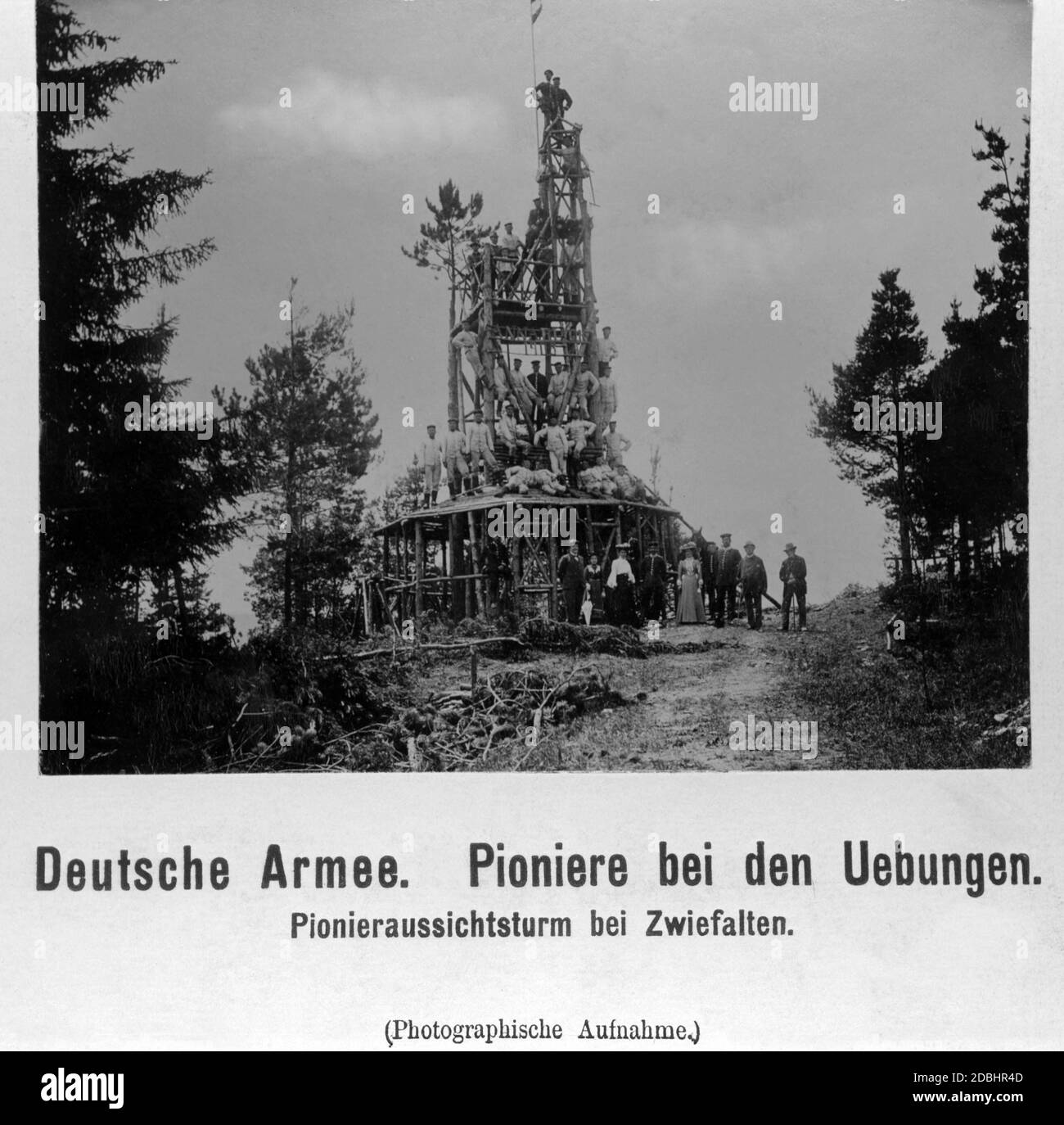 Pioneers build an observation tower near Zwiefalten. Stock Photo