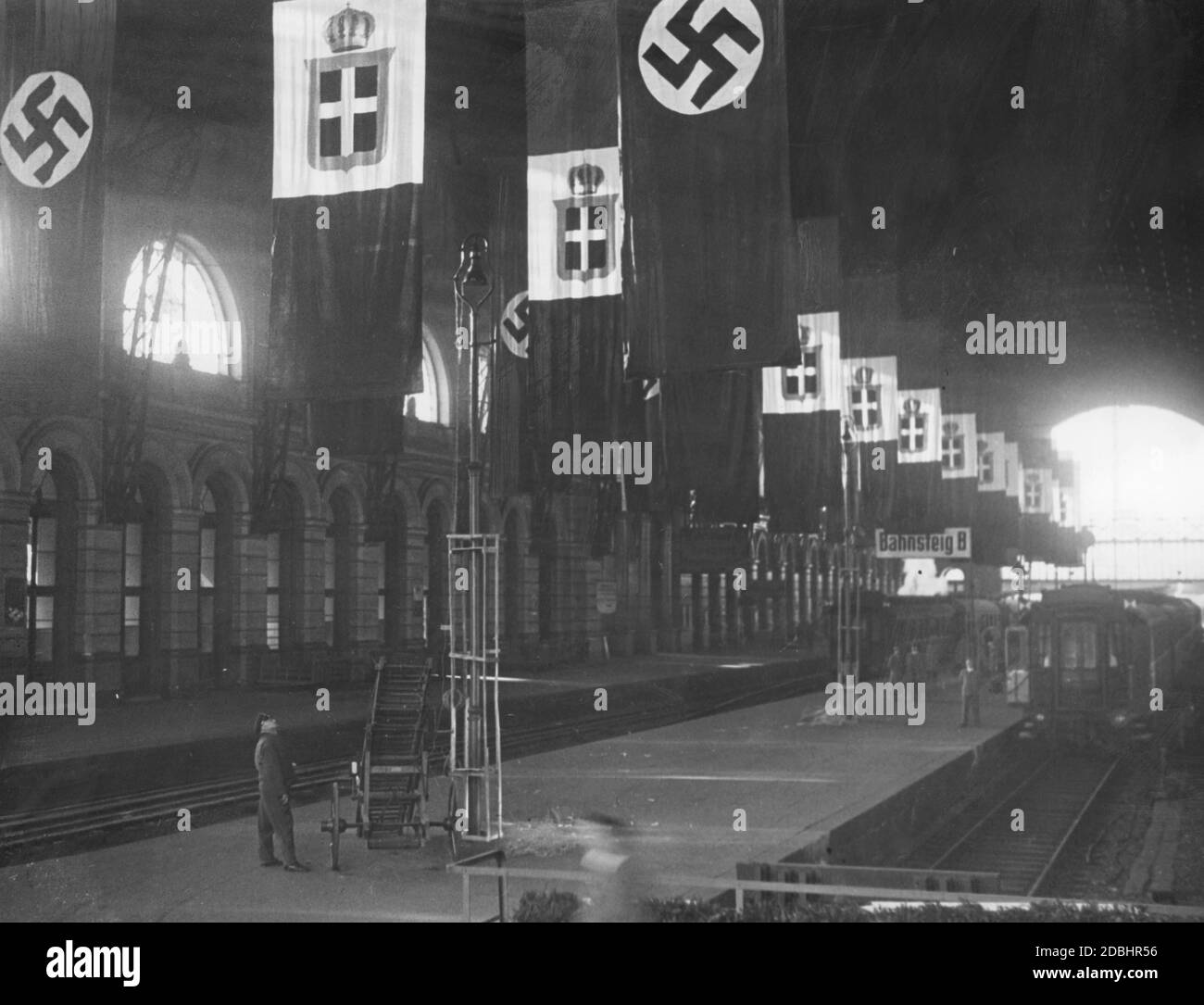 Swastika flags and Italian flags are hung on platform B of the Lehrter Bahnhof in Berlin on May 9, 1938. The occasion was the return of Adolf Hitler from a trip to Italy on May 10. Stock Photo